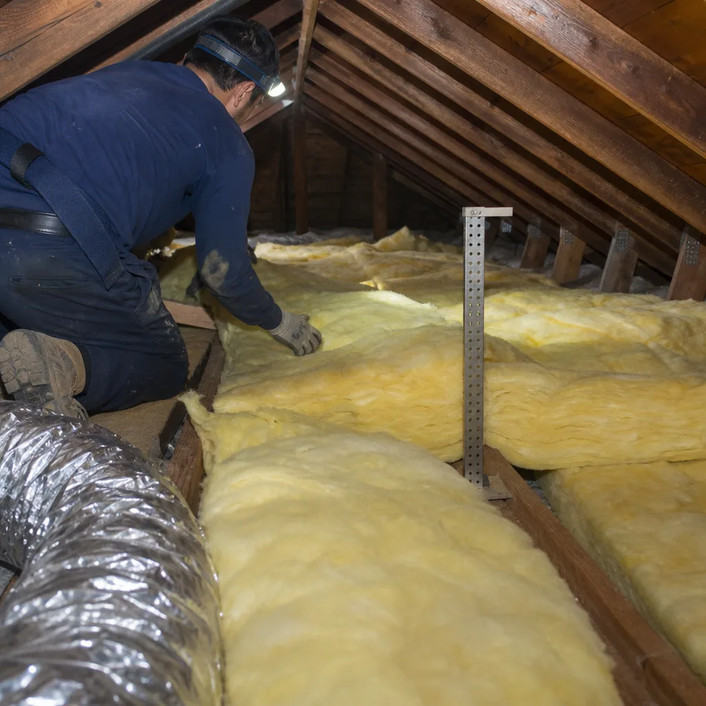 Professional technician installing fiberglass insulation in a residential attic