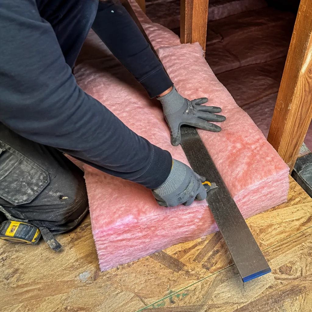 professional installing pink attic insulation with a utility knife and straightedge