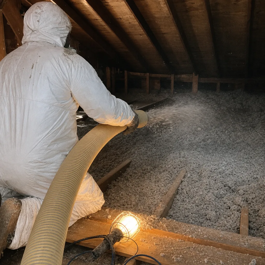 Professional blowing insulation into an attic for home energy efficiency