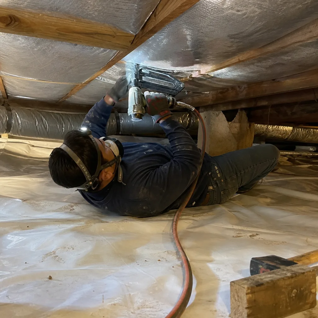 Technician installing crawl space encapsulation and vapor barrier insulation