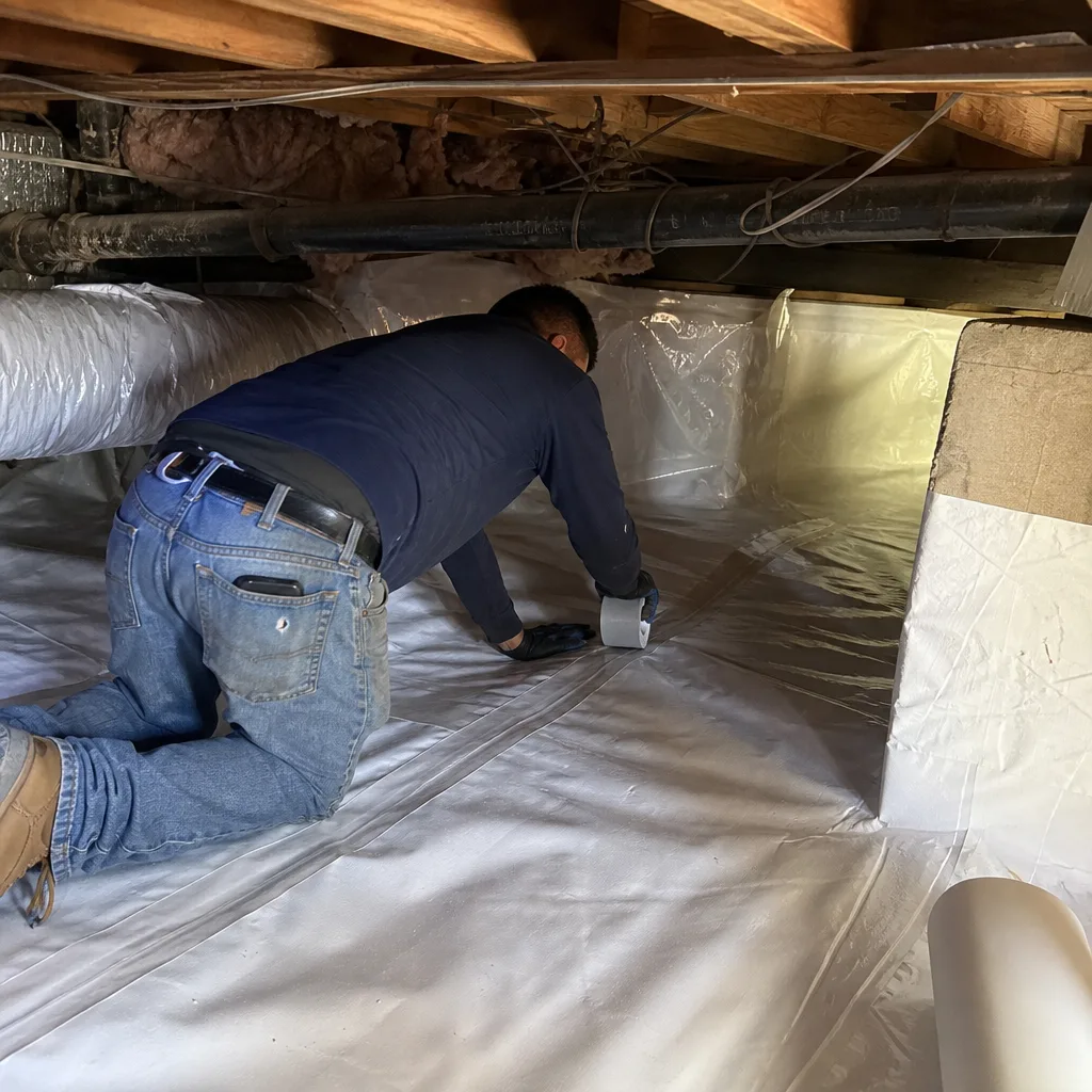 Technician installing vapor barrier insulation in a residential crawl space