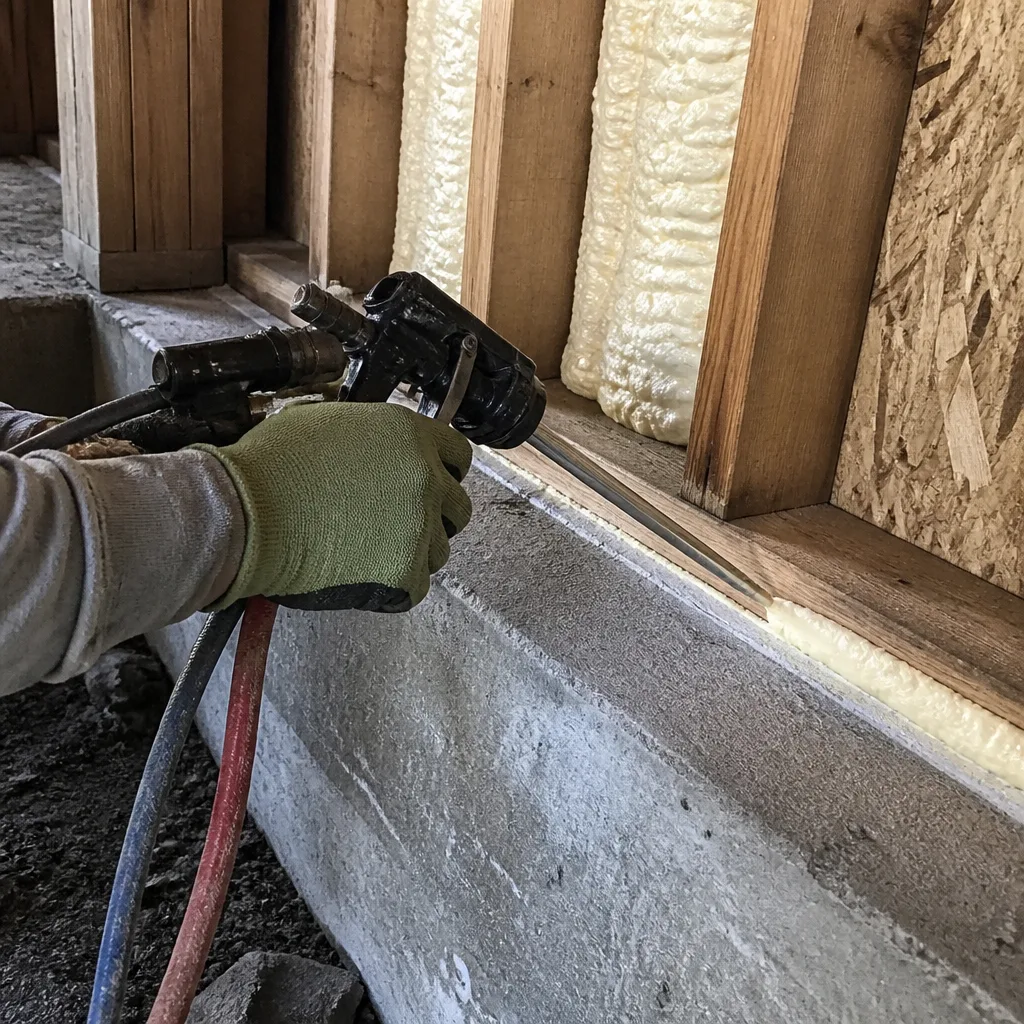 Professional applying spray foam insulation to wood frame wall and foundation